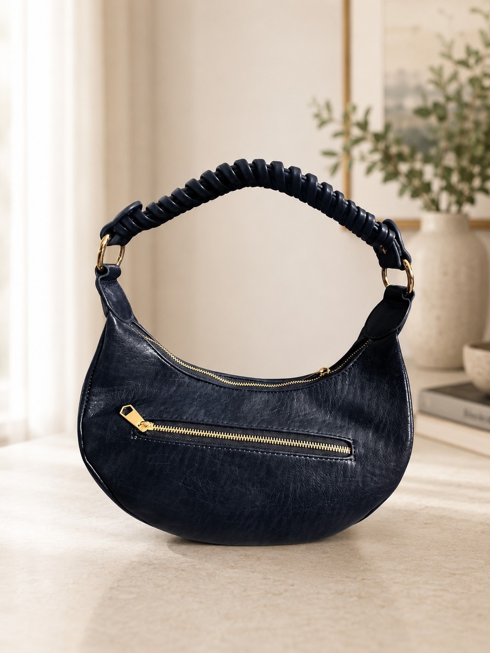 Isabelle Curved Crescent Shoulder Bag in Navy - Picture 3 of 5